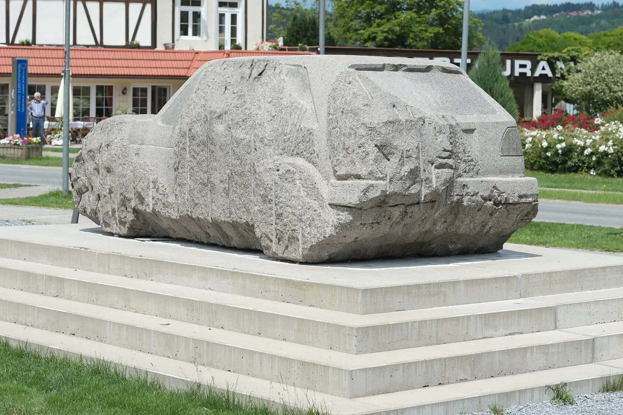 A VW GOLF GTI carved out of granit stone built in 1987 as a tribute to VW fans event GTI Treffen 
